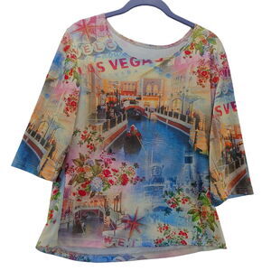 Fantazia Womens Blouse Multi-Color Size Medium 100% Polyester 3/4 Sleeve